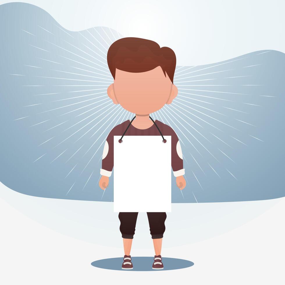A cute little boy with a blank sign. Place for your text. Cartoon style. illustration. vector