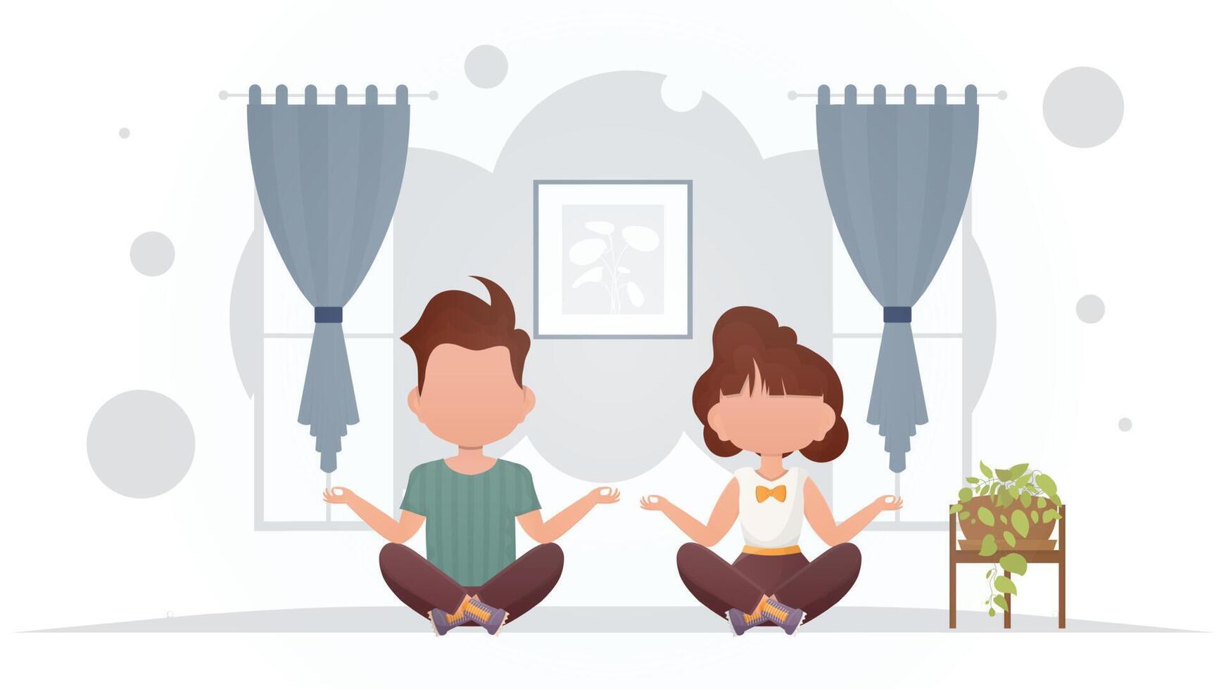 Boy and girl are meditating in the room. Meditation. Cartoon style. vector