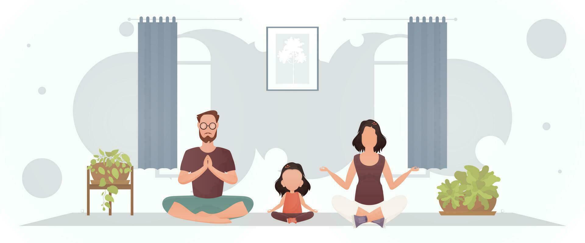 un hombre con un mujer y un pequeño niña son meditando en un habitación. yoga. dibujos animados estilo. vector