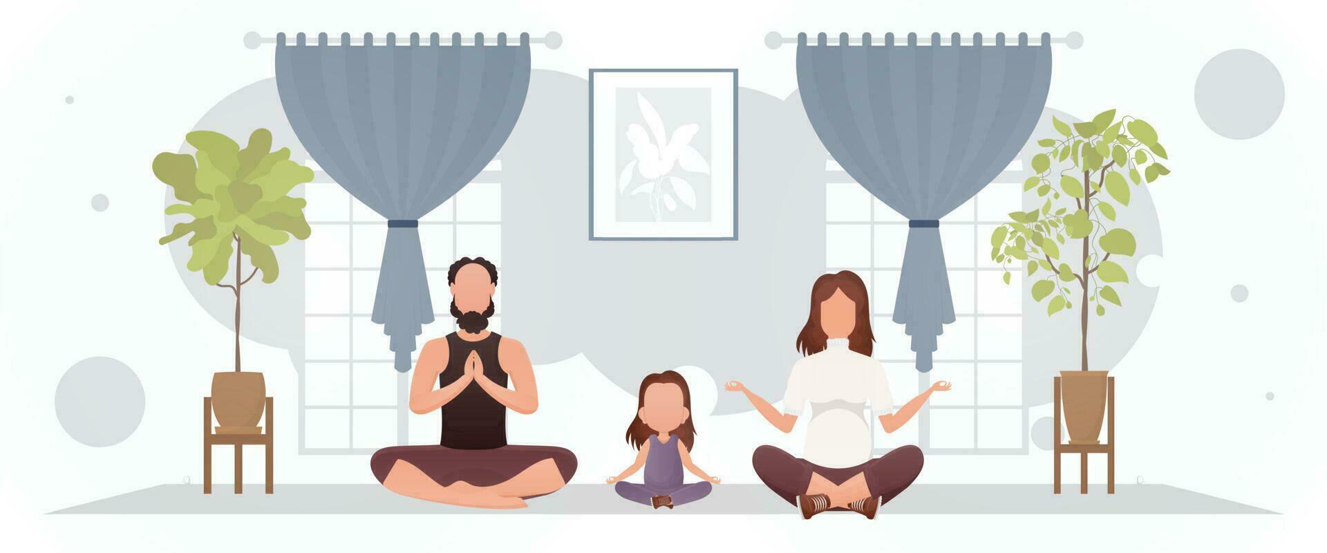 un hombre con un mujer y un pequeño niña son haciendo yoga en el habitación. yoga. dibujos animados estilo. vector