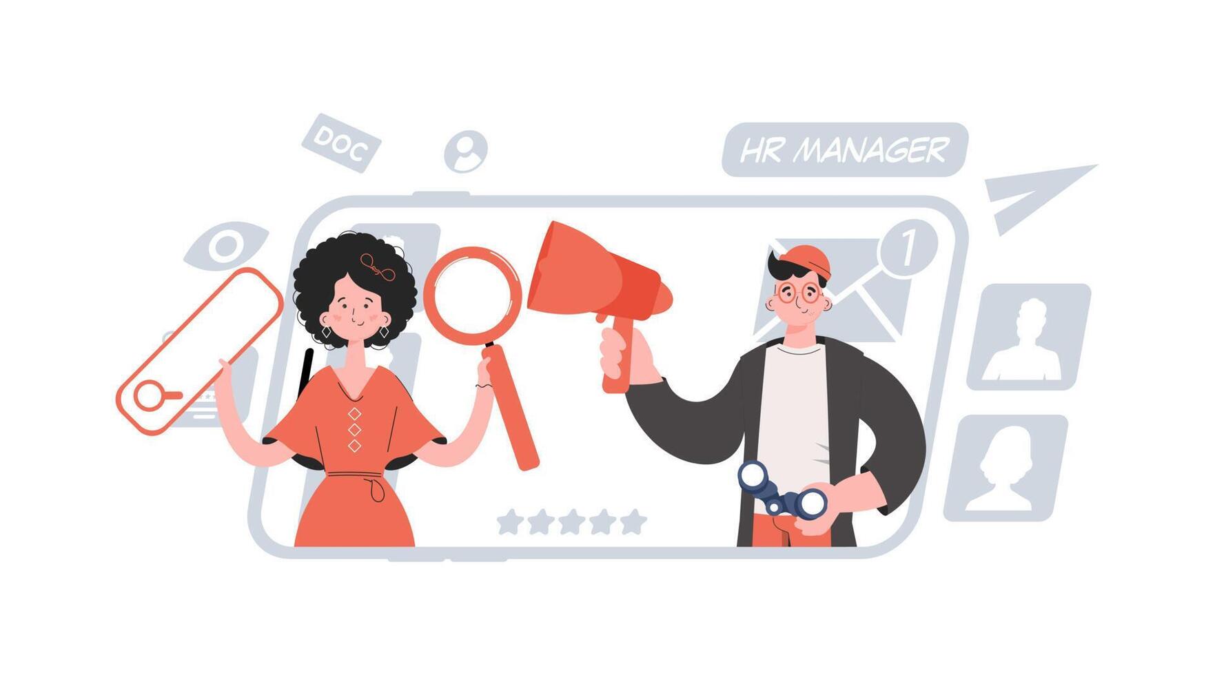 A man and a woman are standing belt and holding a web search bar and a magnifying glass. Human resource. Element for presentations, sites. vector