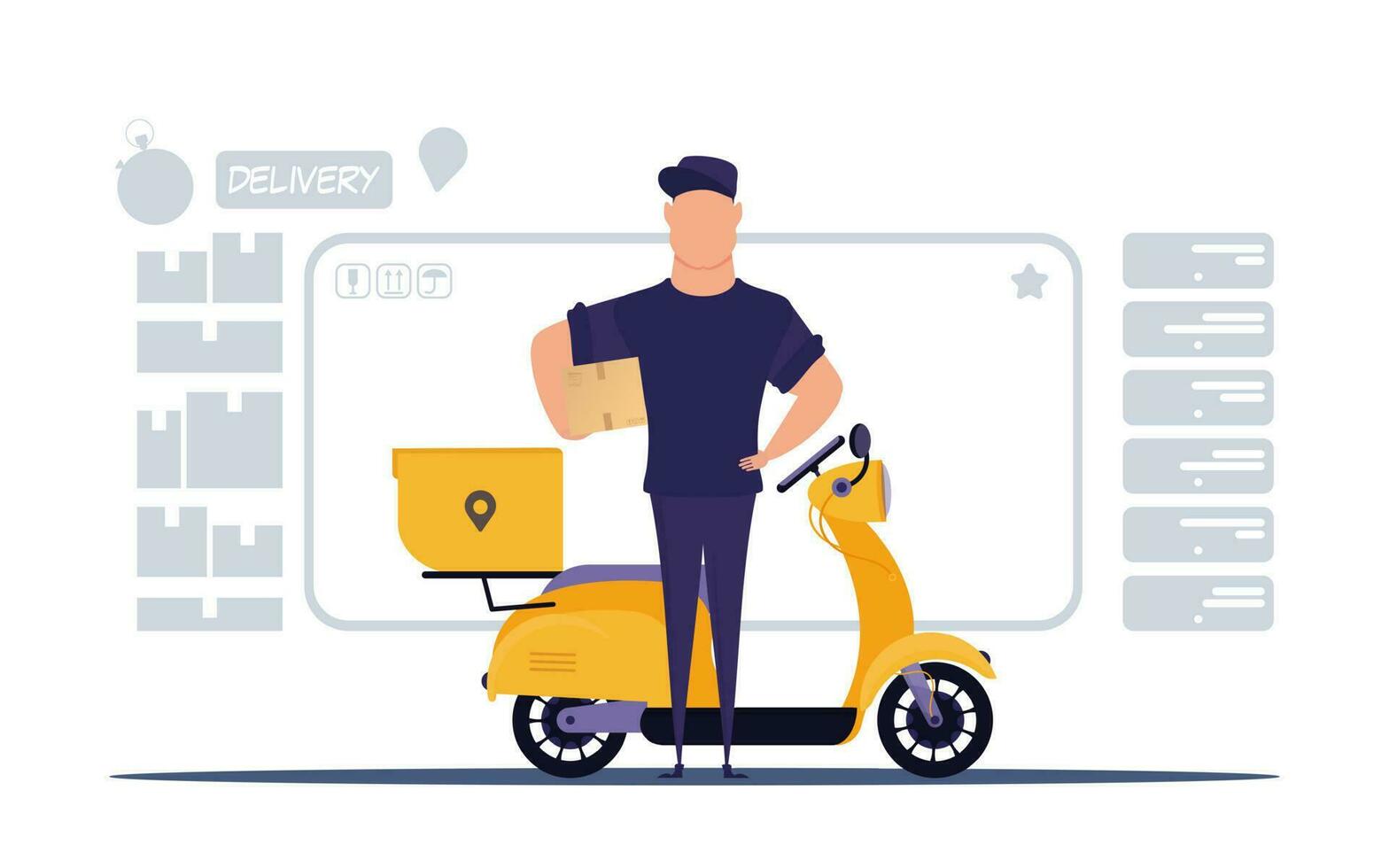 A male courier stands near a scooter and holds a box. Delivery concept. Vector illustration.