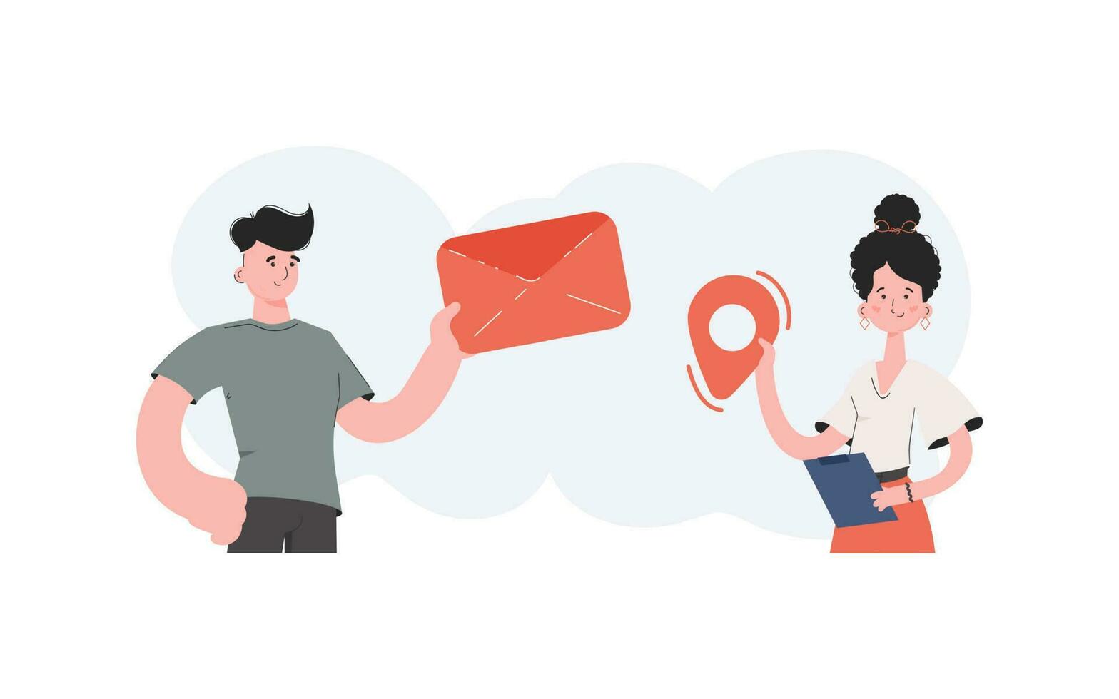 A man and a woman stand with a belt and hold a navigation icon and a letter. Delivery. Element for presentations, sites. vector