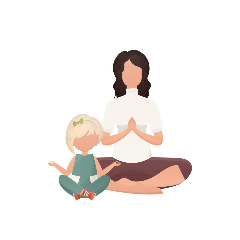 Mom and daughter yoga in the lotus position. Cartoon style. Isolated. Previous illustration. vector