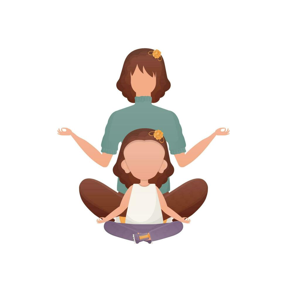 Mom and daughter are meditating. Cartoon style. Isolated. Vector. vector