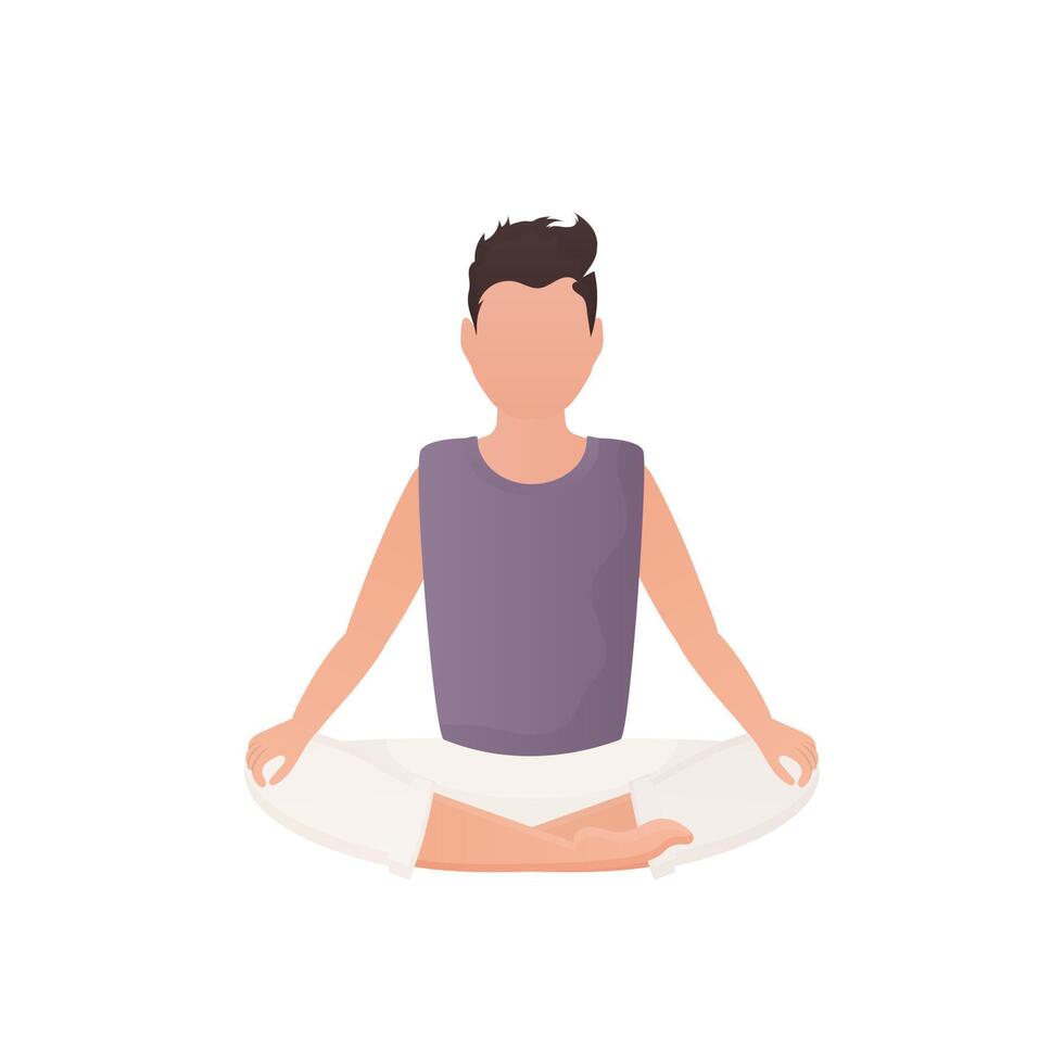 The man sits in the lotus position. Isolated. Cartoon style. vector