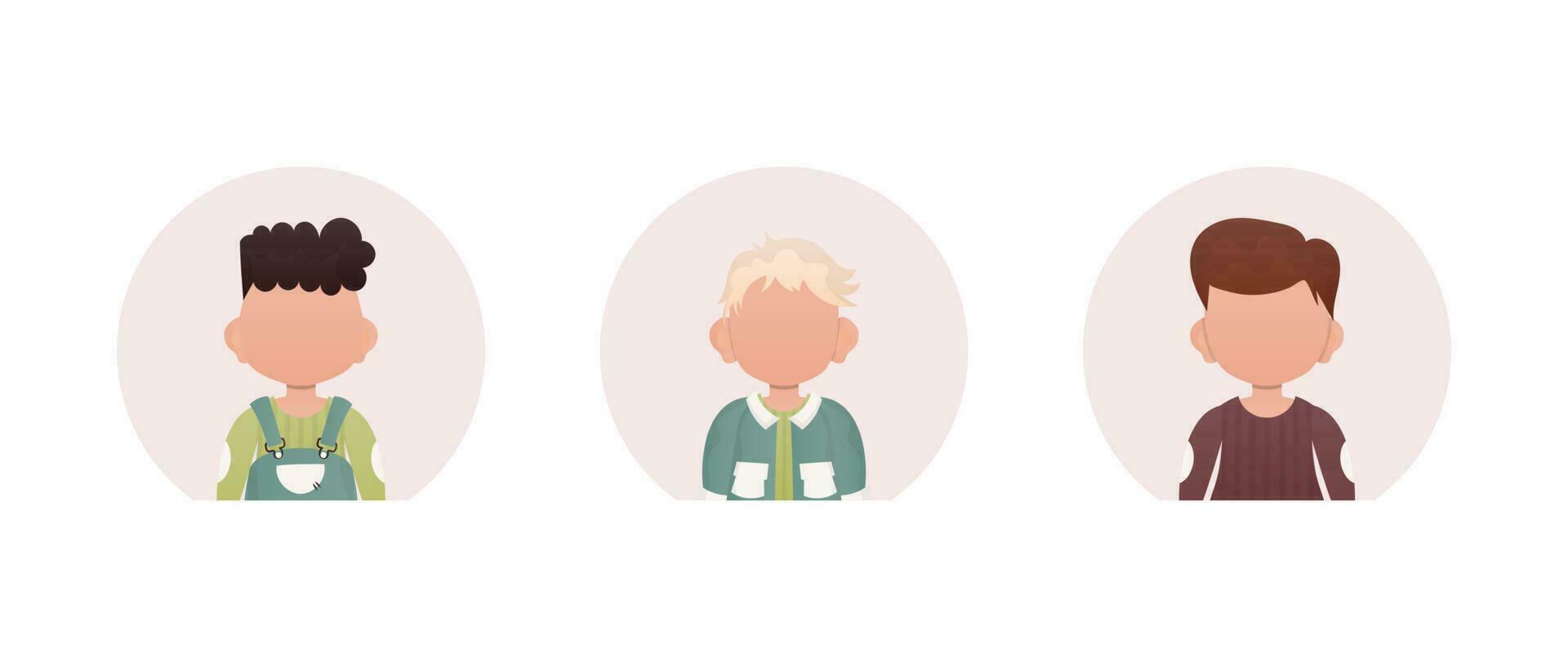 Set of portraits of little boys with different hairstyles. Isolated. vector