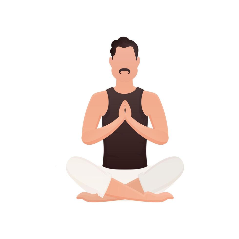 The guy sits in the lotus position and meditates. Isolated. Cartoon style. vector