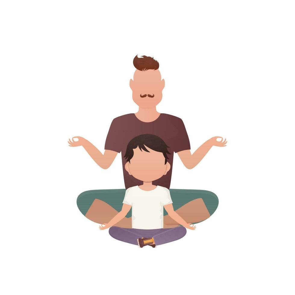 Father and son sit in the lotus position. Isolated. Cartoon style. vector