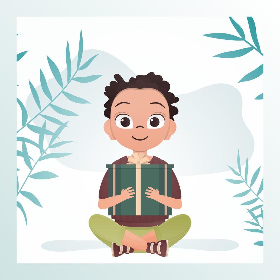 A joyful child boy sits in a lotus position and holds a gift box with a bow in his hands. Holidays theme. illustration in cartoon style. vector