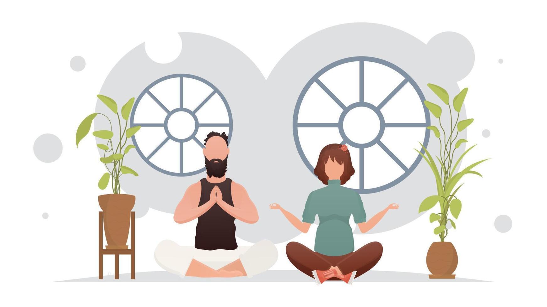 Man and woman doing yoga in the room. Yoga. Cartoon style. vector