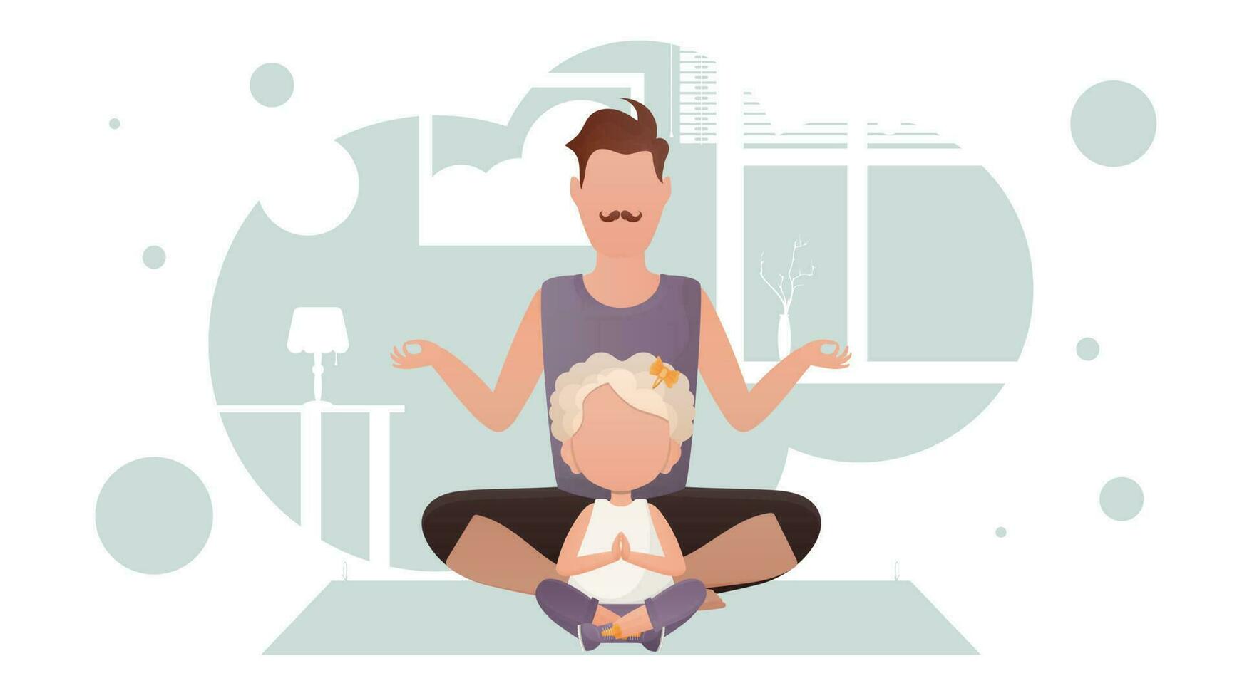 Dad and little daughter are sitting meditating in the lotus position. Meditation. Cartoon style. vector