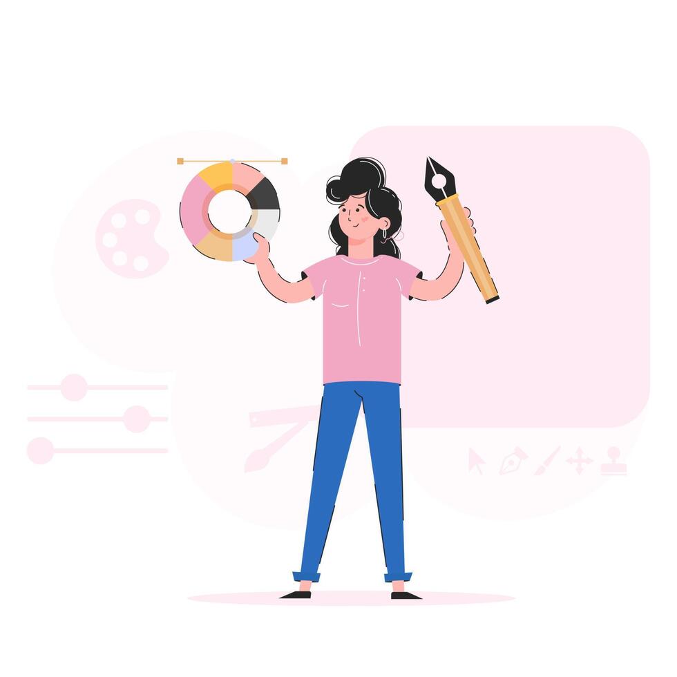 The girl is holding a graphic pen and a color wheel in her hands. Trend illustration. Good for apps, presentations and websites. Vector. vector