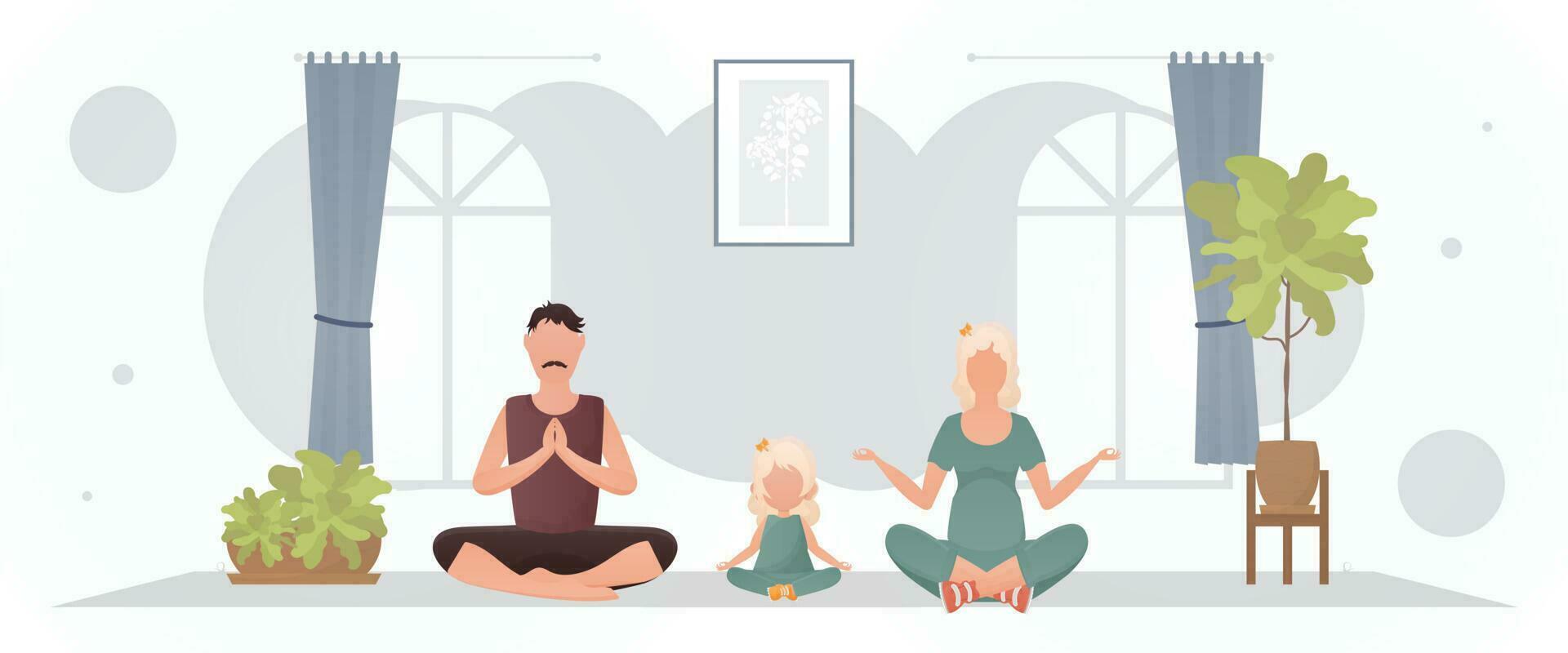 A man with a woman and a little girl are doing yoga in the room. Meditation. Cartoon style. vector