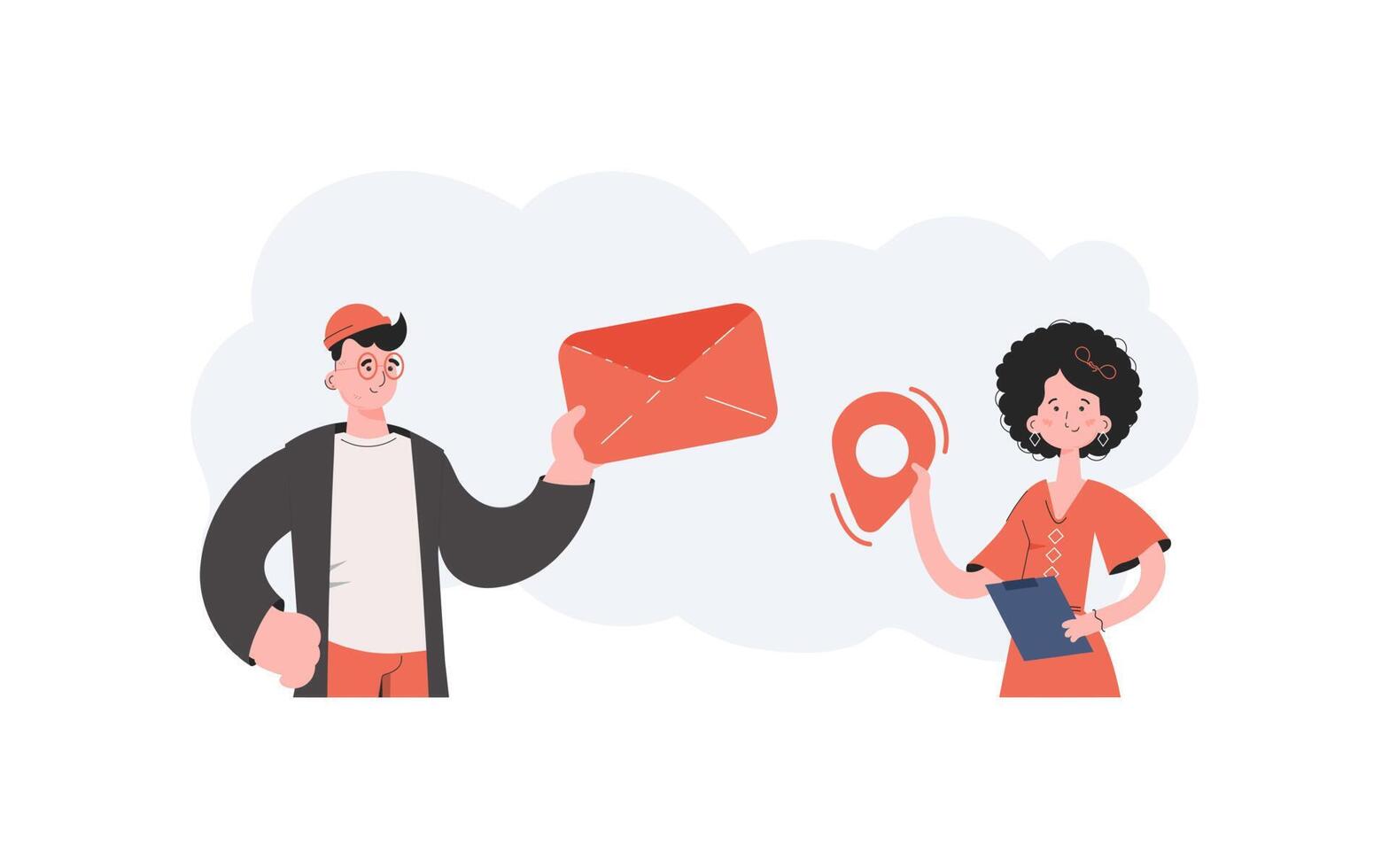 A man and a woman stand with a belt and hold an envelope with a letter and a location. Communications. Element for presentations, sites. vector