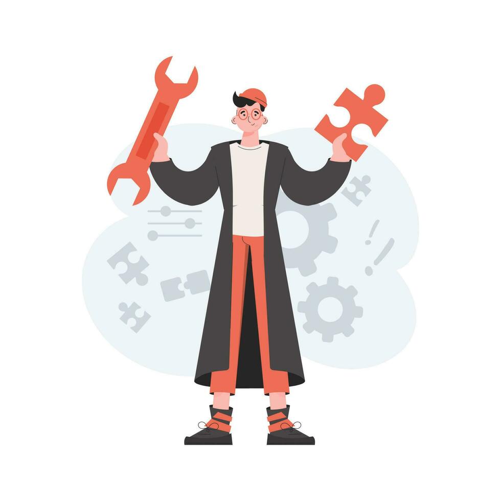 A man stands in full growth and holds a wrench in his hands. Tech support. Element for presentations, sites. vector