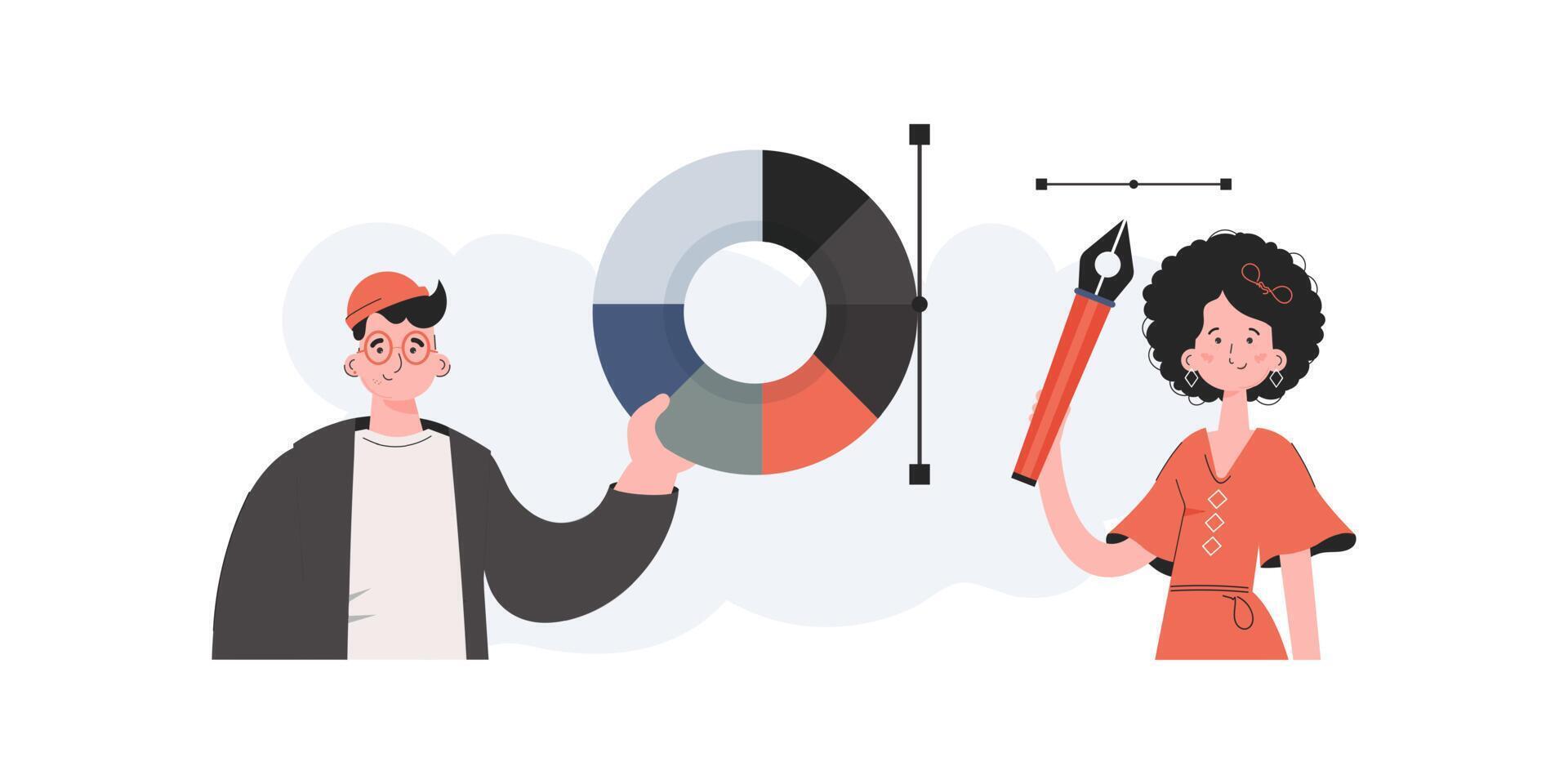 A man and a woman stand with a belt and hold a color palette. Design. Element for presentations, sites. vector