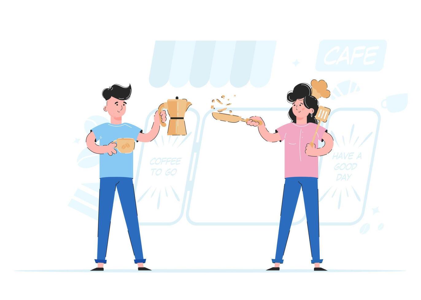 Boy and girl are cooking. The concept of service in a restaurant or cafe. Good for websites, apps and presentations. vector