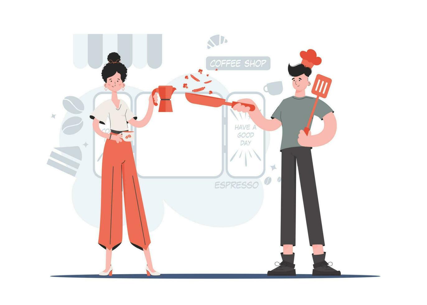 A man and a woman stand in full growth and hold a spatula and a coffee pot. Coffee shop. Element for presentations, sites. vector
