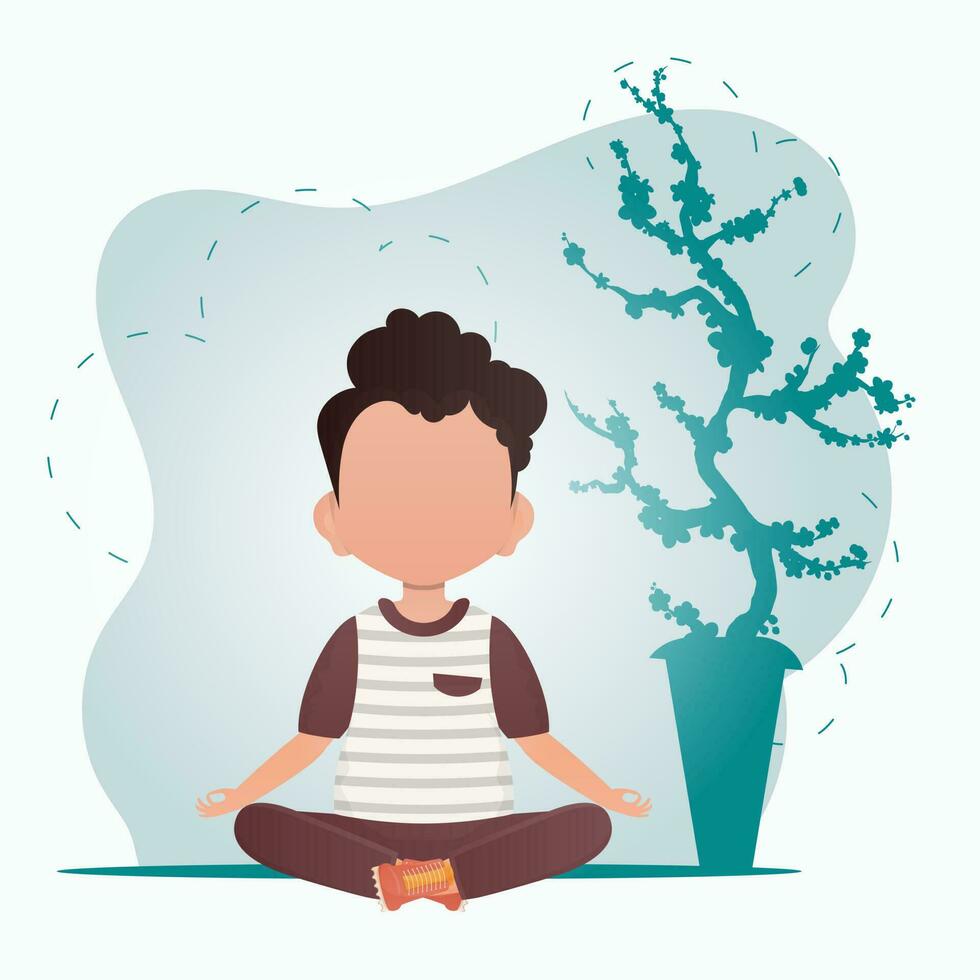 un linda pequeño bebé chico es meditando en el habitación. Deportes y recreación concepto. dibujos animados estilo. vector ilustración.