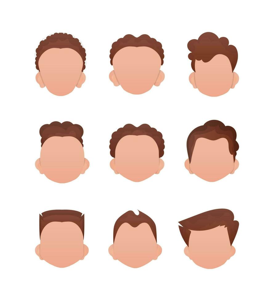 Big Set of Faces of little boys with different hairstyles. Isolated on white background. vector