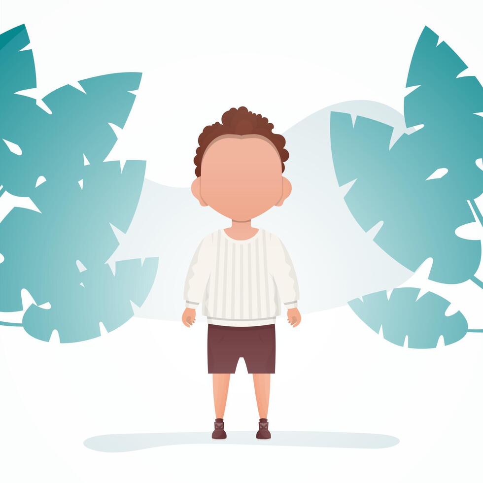 A cute little baby boy is standing in the room. Poster with a child. Cartoon style. illustration. vector