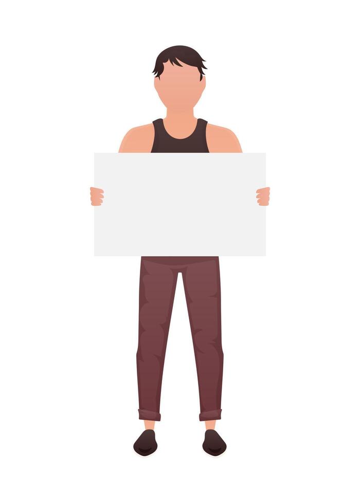 A man is in full growth and holds an empty tablet in his hands. Isolated. Cartoon style. vector