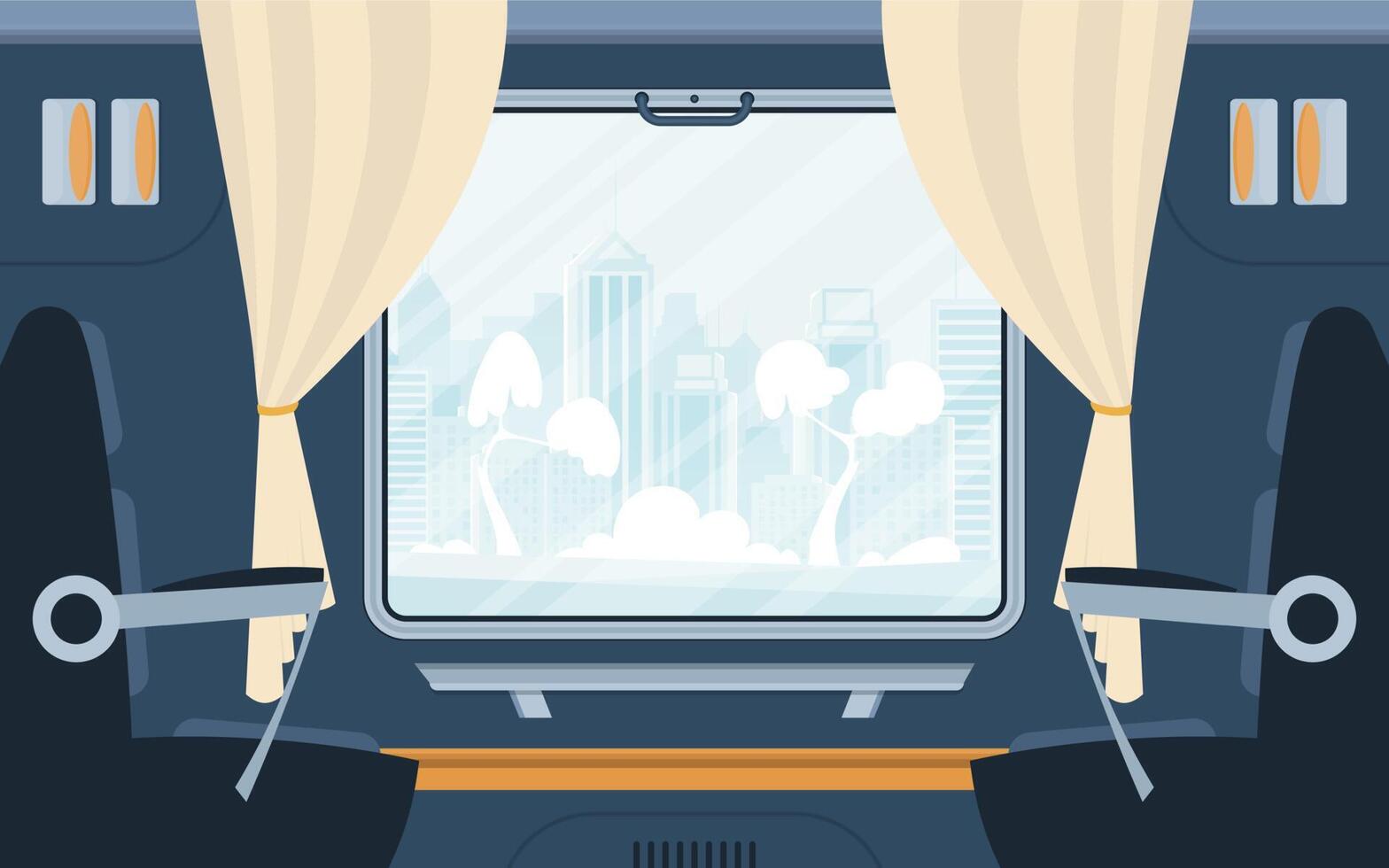 Train compartment with armchairs and a large window. Railway transport. Cartoon style. Flat style. Vector illustration.