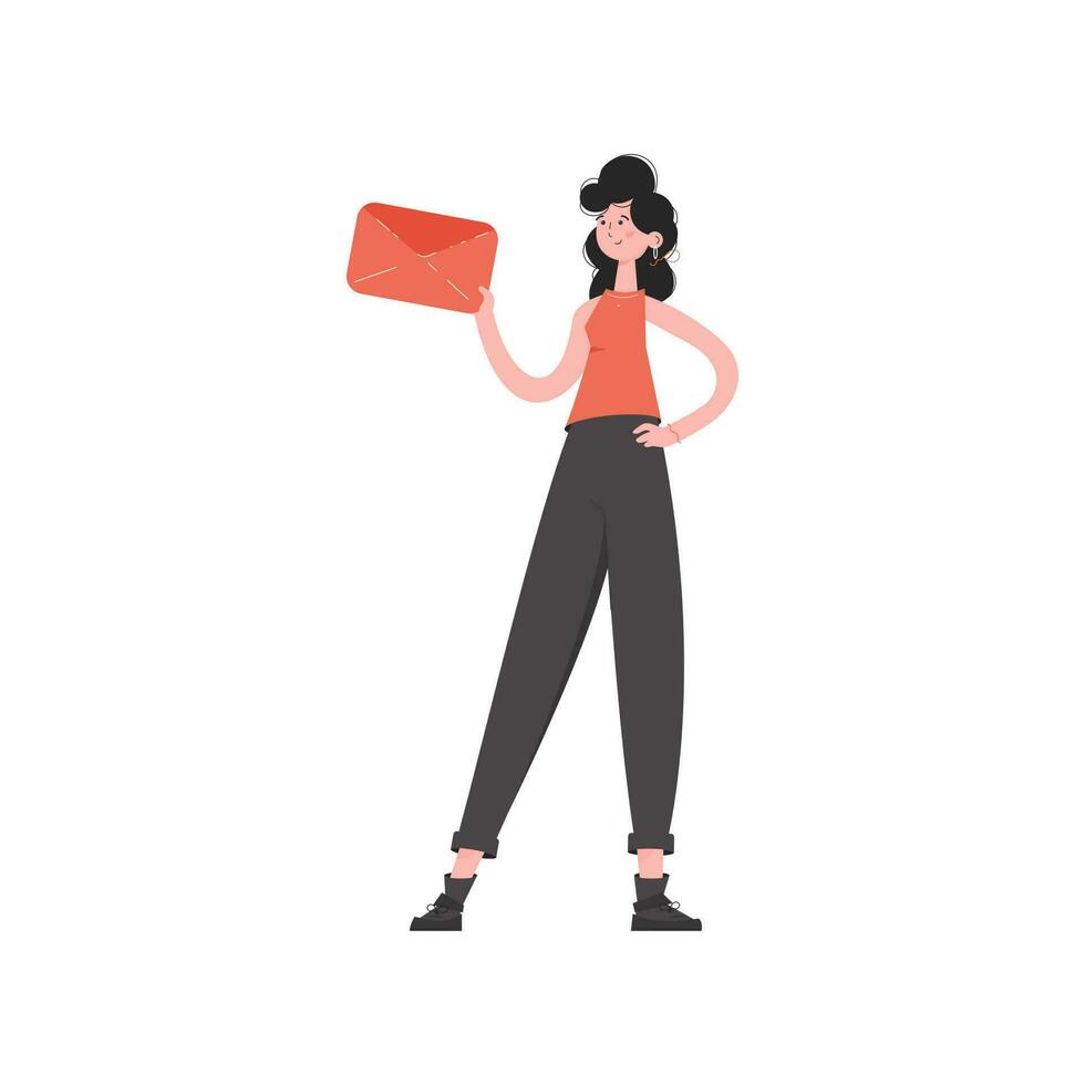 A woman stands in full growth holding an envelope with a letter. Isolated. Element for presentations, sites. vector