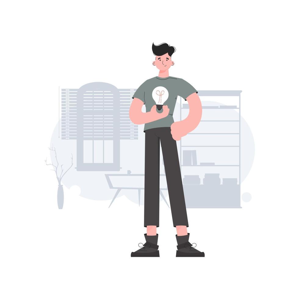 A man stands in full growth with a light bulb in his hands. Idea. Element for presentations, sites. vector