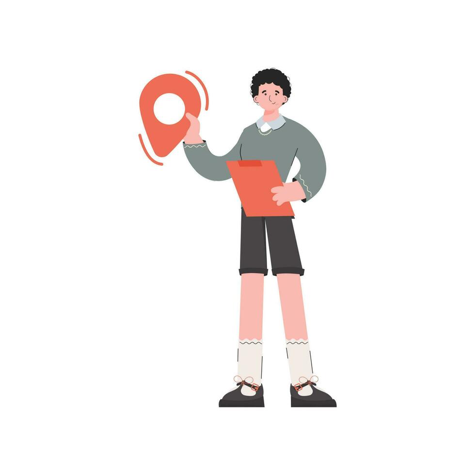 A man stands in full growth and holds a navigation sign in his hands. Isolated. Element for presentations, sites. vector