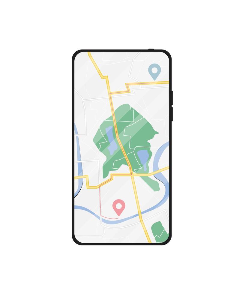 Mobile phone with digital GPS Navigation. Map with point. Mobile GPS Navigation app on touch screen smartphone for websites, banners. vector