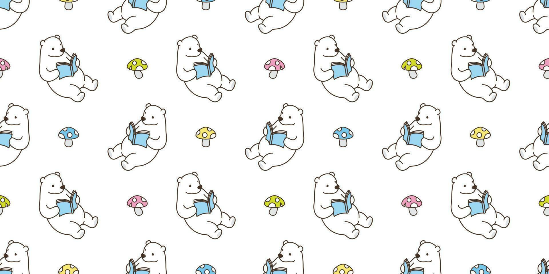 bear seamless pattern polar bear vector panda teddy reading book mushroom isolated tile background repeat wallpaper