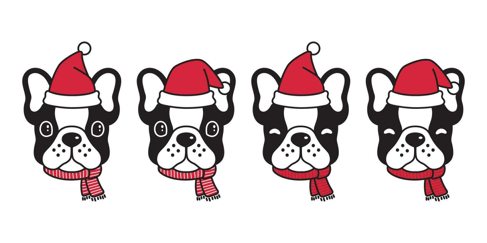 perro vector francés buldog Navidad Papa Noel claus Navidad sombrero bufanda dibujos animados personaje logo icono ilustración negro