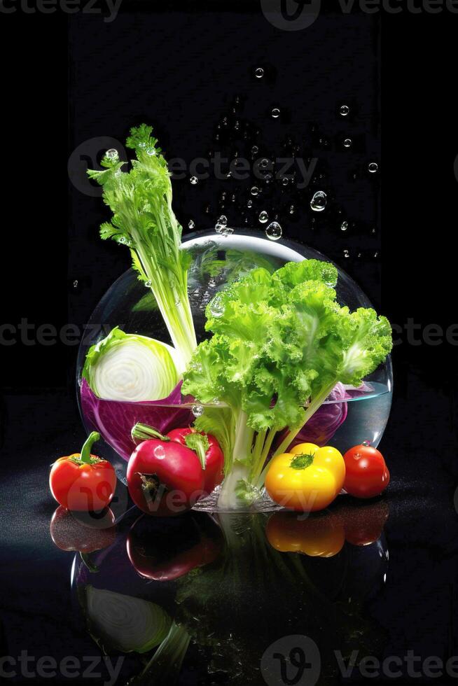 Black background with an assortment of fresh vegetables, fruits, and water splashes. Healthy food. . photo