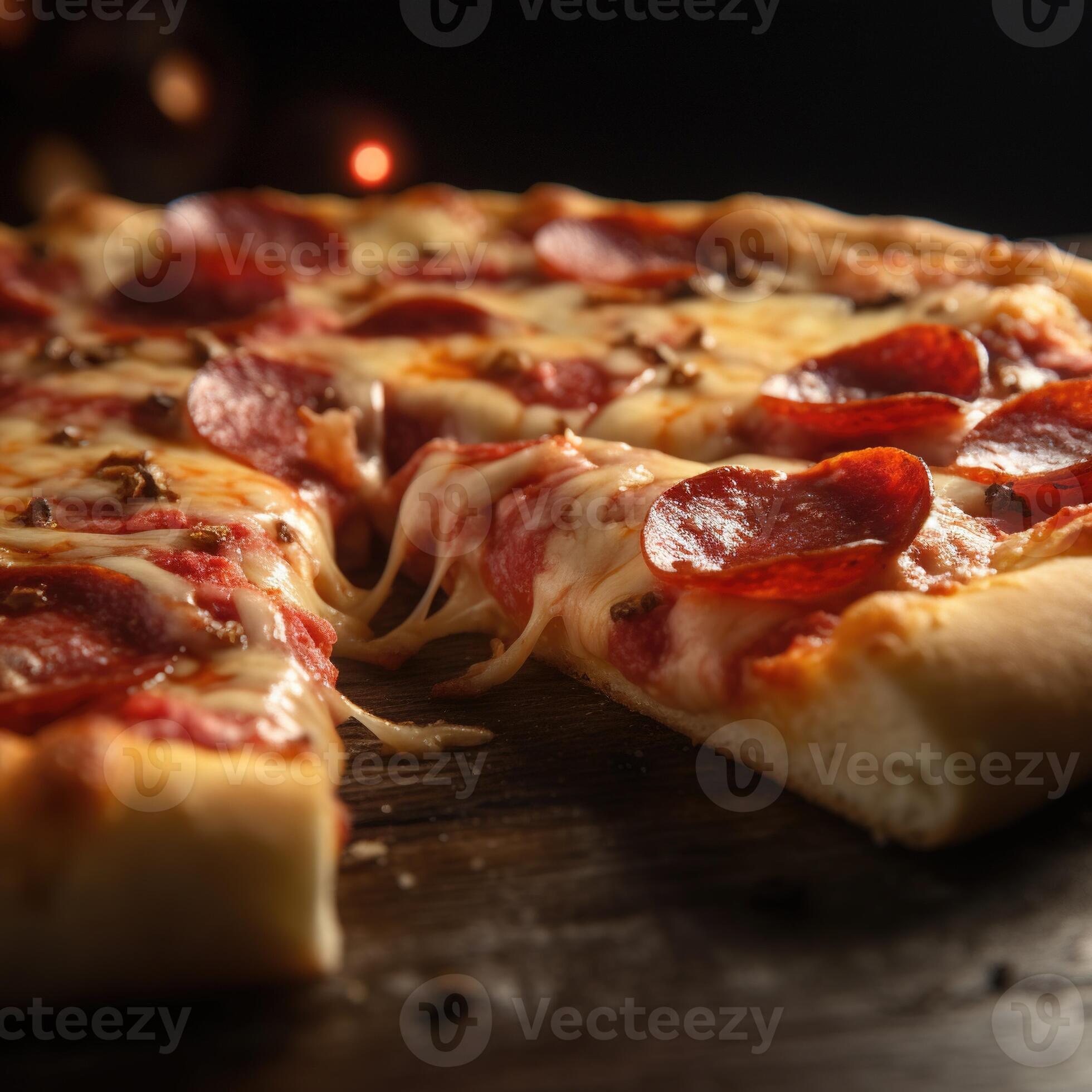 Delicious pepperoni pizza straight from the oven, with a variety of spices on a dark background