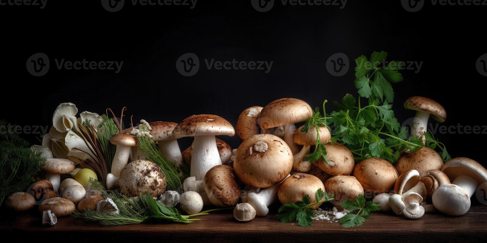 Mushroom Veggie Frame. Fresh organic vegetables and mushrooms on dark background. Perfect for wholesome food themes. photo