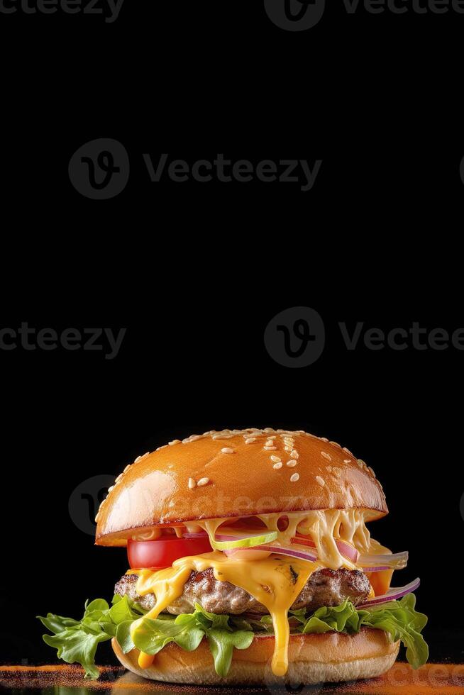 Big and tasty Cheese burger on black background with copy space for your text. Food poster. . photo