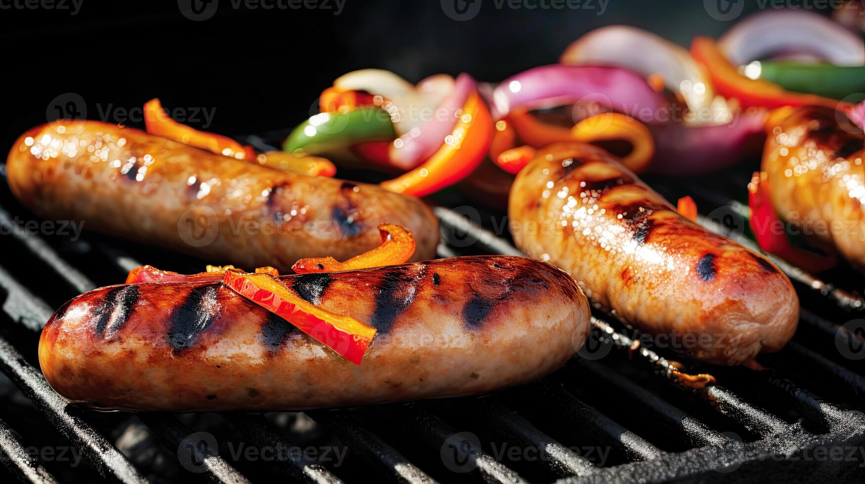 Grilled sausages and vegetables on a flaming BBQ grill. A delicious food poster for summer dining. photo