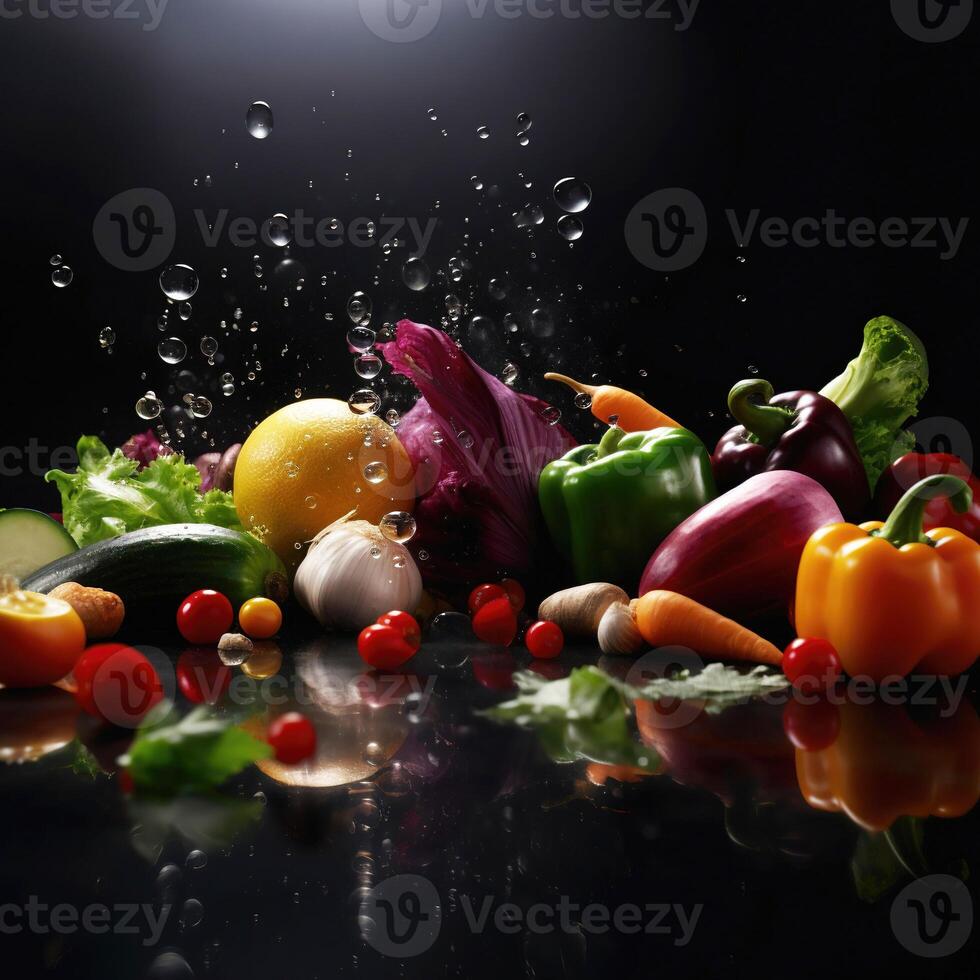 Black background with an assortment of fresh vegetables, fruits, and water splashes. Healthy food. . photo