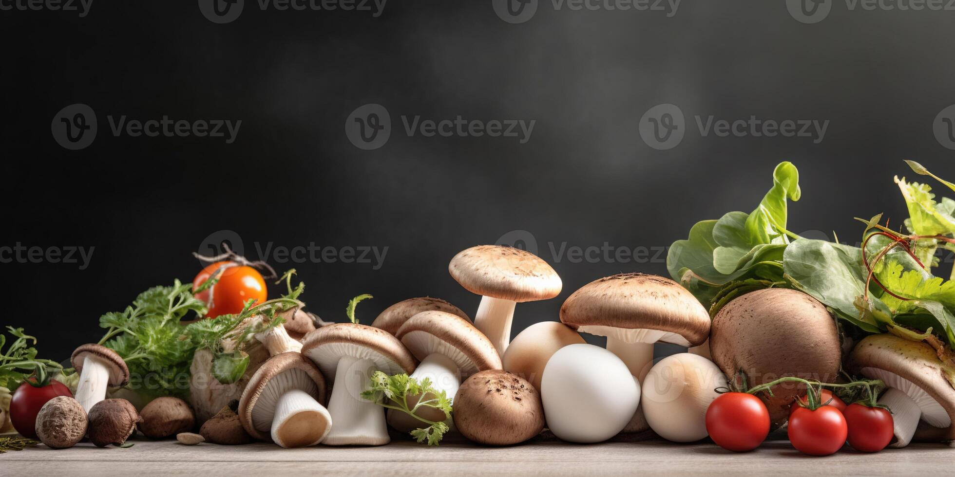 Mushroom Veggie Frame. Fresh organic vegetables and mushrooms on dark background. Perfect for wholesome food themes. photo