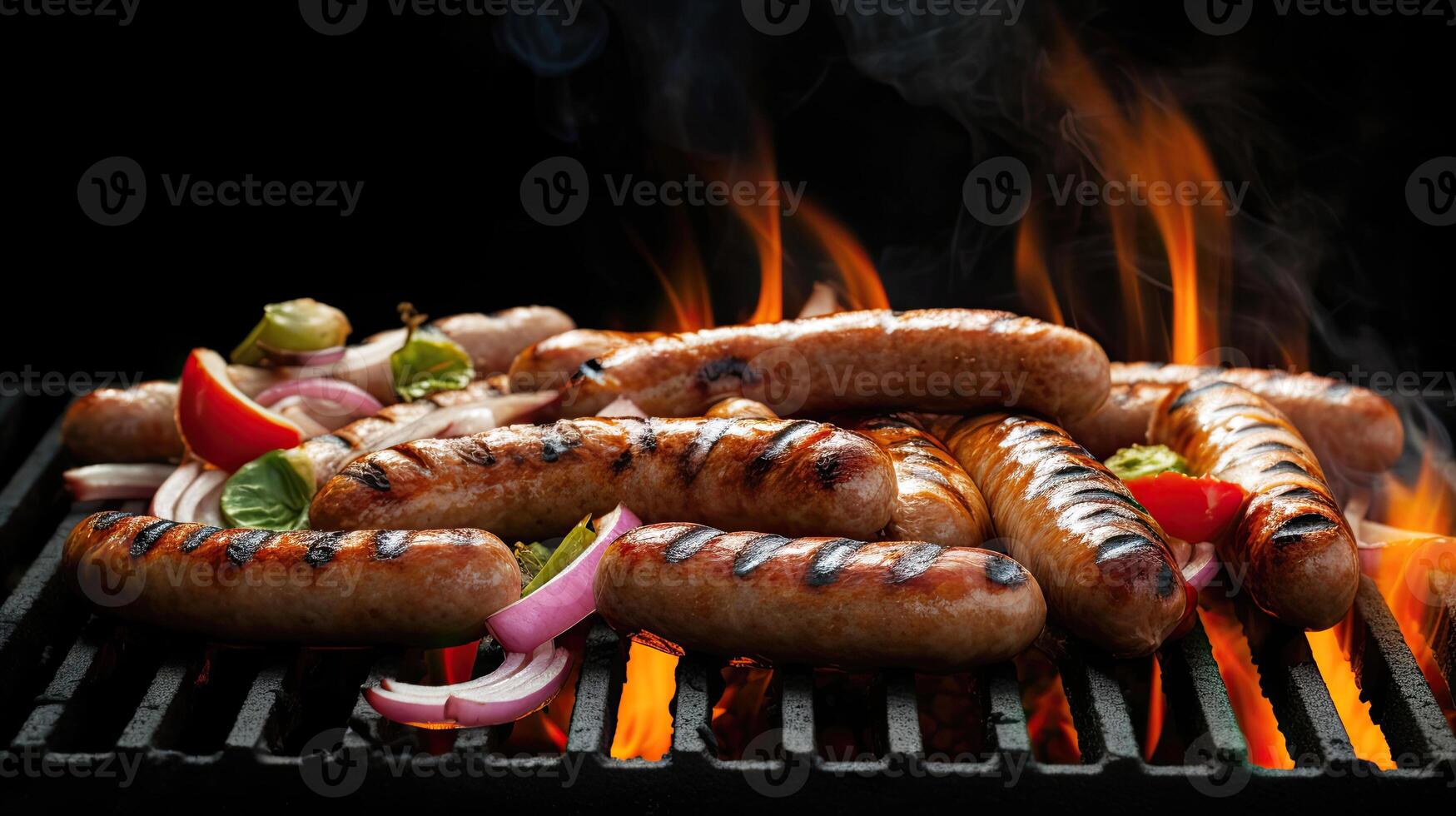 Grilled sausages and vegetables on a flaming BBQ grill. A delicious food poster for summer dining. photo