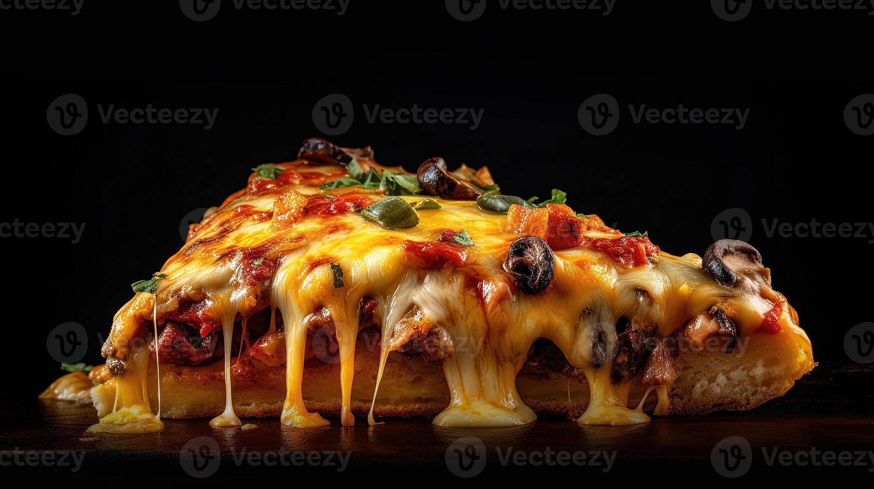 Delicious pizza slice topped with cheese, olives, and tomato, presented on a black background. photo