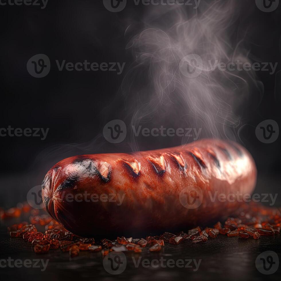 Juicy grilled sausage on a dark background, smoky flavor and mouth-watering aroma. Perfect for any BBQ poster. photo