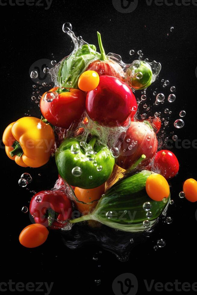 Black background with an assortment of fresh vegetables, fruits, and water splashes. Healthy food. . photo