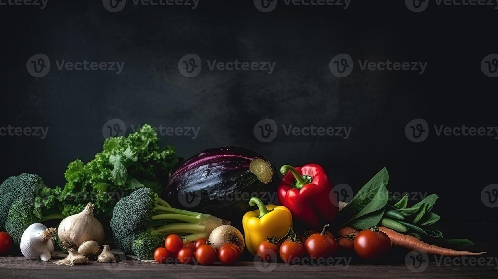 Fresh Veggie Border. Organic vegetables on natural black background. Ideal for healthy food designs. photo