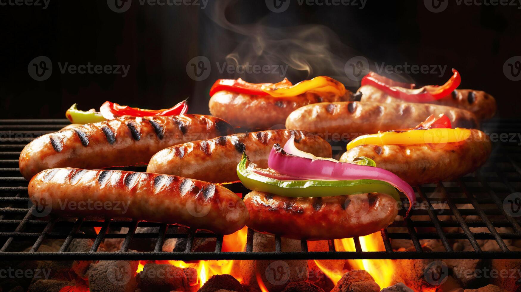 Grilled sausages and vegetables on a flaming BBQ grill. A delicious food poster for summer dining. photo