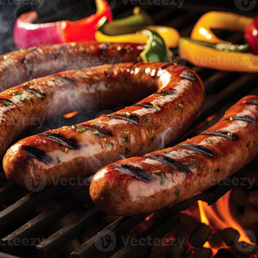 Grilled sausages and vegetables on a flaming BBQ grill. A delicious food poster for summer dining. photo