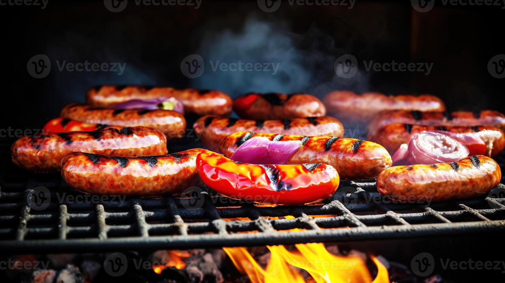 Grilled sausages and vegetables on a flaming BBQ grill. A delicious food poster for summer dining. photo