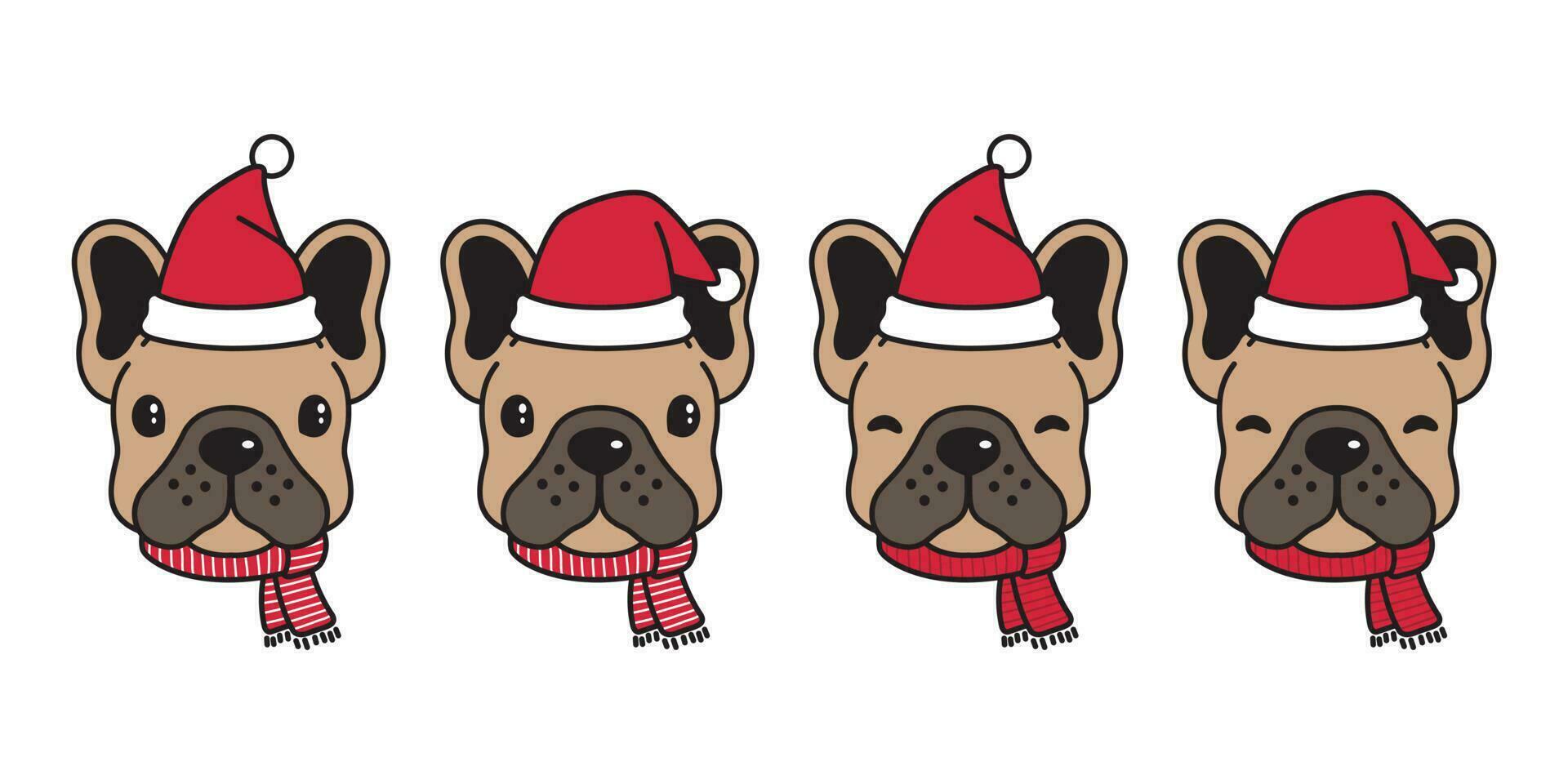 perro vector francés buldog Navidad Papa Noel claus Navidad sombrero bufanda dibujos animados personaje logo icono ilustración marrón